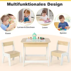 Kindertisch mit 2 Stühlen 3 TLG Kindersitzgruppe Holz mit Doppelseitiger Tischplatte Natur + Weiß/Grau/Natur