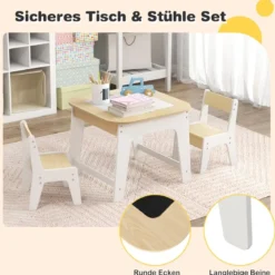 Kindertisch mit 2 Stühlen 3 TLG Kindersitzgruppe Holz mit Doppelseitiger Tischplatte Natur + Weiß/Grau/Natur
