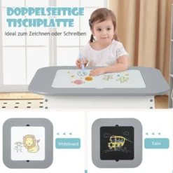 Kindertisch mit 2 Stühlen 3 TLG Kindersitzgruppe Holz mit Doppelseitiger Tischplatte Natur + Weiß/Grau/Natur