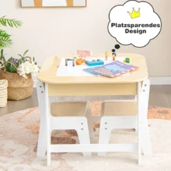 Kindertisch mit 2 Stühlen 3 TLG Kindersitzgruppe Holz mit Doppelseitiger Tischplatte Natur + Weiß/Grau/Natur
