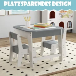 Kindertisch mit 2 Stühlen 3 TLG Kindersitzgruppe Holz mit Doppelseitiger Tischplatte Natur + Weiß/Grau/Natur