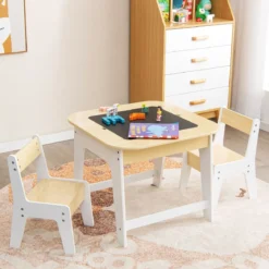 Kindertisch mit 2 Stühlen 3 TLG Kindersitzgruppe Holz mit Doppelseitiger Tischplatte Natur + Weiß/Grau/Natur