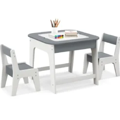 Kindertisch mit 2 Stühlen 3 TLG Kindersitzgruppe Holz mit Doppelseitiger Tischplatte Natur + Weiß/Grau/Natur