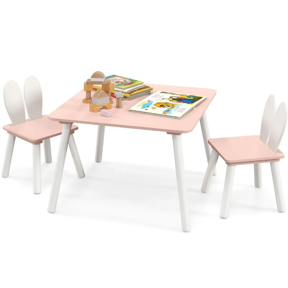 Kindertisch mit 2 Stühlen 3 TLG. Kindersitzgruppe mit Massivholzbeine Weiß/Rosa/Grau