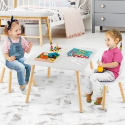 Kindertisch mit 2 Stühlen 3 TLG. Kindersitzgruppe mit Massivholzbeine Weiß/Rosa/Grau