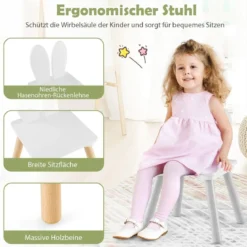 Kindertisch mit 2 Stühlen 3 TLG. Kindersitzgruppe mit Massivholzbeine Weiß/Rosa/Grau