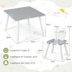 Kindertisch mit 2 Stühlen 3 TLG. Kindersitzgruppe mit Massivholzbeine Weiß/Rosa/Grau