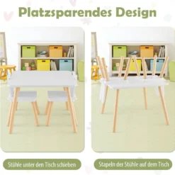 Kindertisch mit 2 Stühlen 3 TLG. Kindersitzgruppe mit Massivholzbeine Weiß/Rosa/Grau
