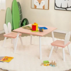 Kindertisch mit 2 Stühlen 3 TLG. Kindersitzgruppe mit Massivholzbeine Weiß/Rosa/Grau