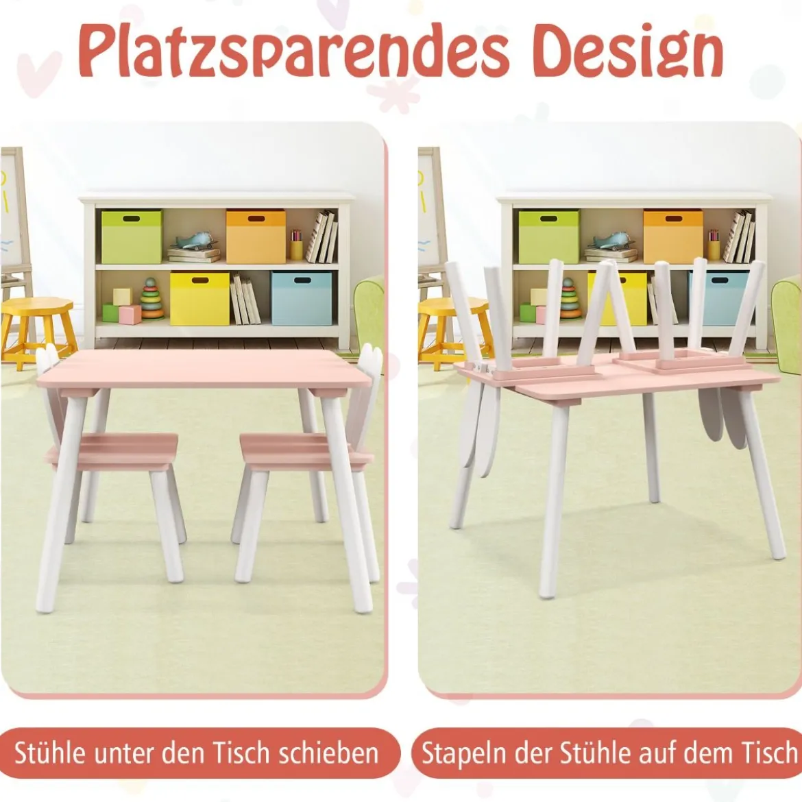Kindertisch mit 2 Stühlen 3 TLG. Kindersitzgruppe mit Massivholzbeine Weiß/Rosa/Grau