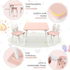 Kindertisch mit 2 Stühlen 3 TLG. Kindersitzgruppe mit Massivholzbeine Weiß/Rosa/Grau
