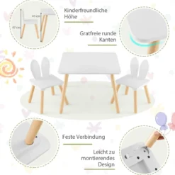 Kindertisch mit 2 Stühlen 3 TLG. Kindersitzgruppe mit Massivholzbeine Weiß/Rosa/Grau