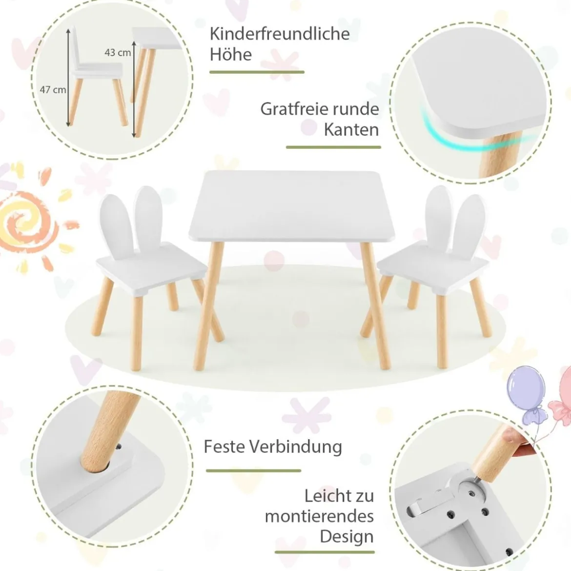 Kindertisch mit 2 Stühlen 3 TLG. Kindersitzgruppe mit Massivholzbeine Weiß/Rosa/Grau