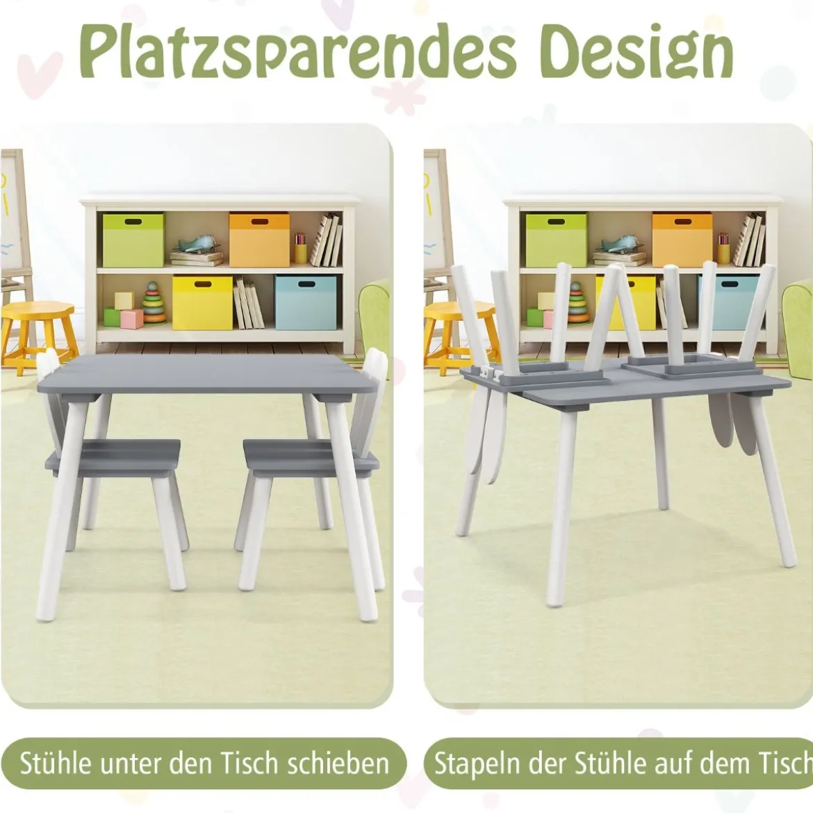 Kindertisch mit 2 Stühlen 3 TLG. Kindersitzgruppe mit Massivholzbeine Weiß/Rosa/Grau