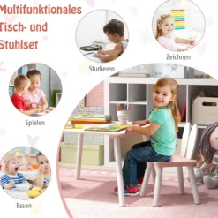 Kindertisch mit 2 Stühlen 3 TLG. Kindersitzgruppe mit Massivholzbeine Weiß/Rosa/Grau