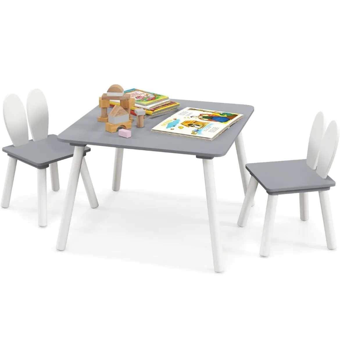 Kindertisch mit 2 Stühlen 3 TLG. Kindersitzgruppe mit Massivholzbeine Weiß/Rosa/Grau