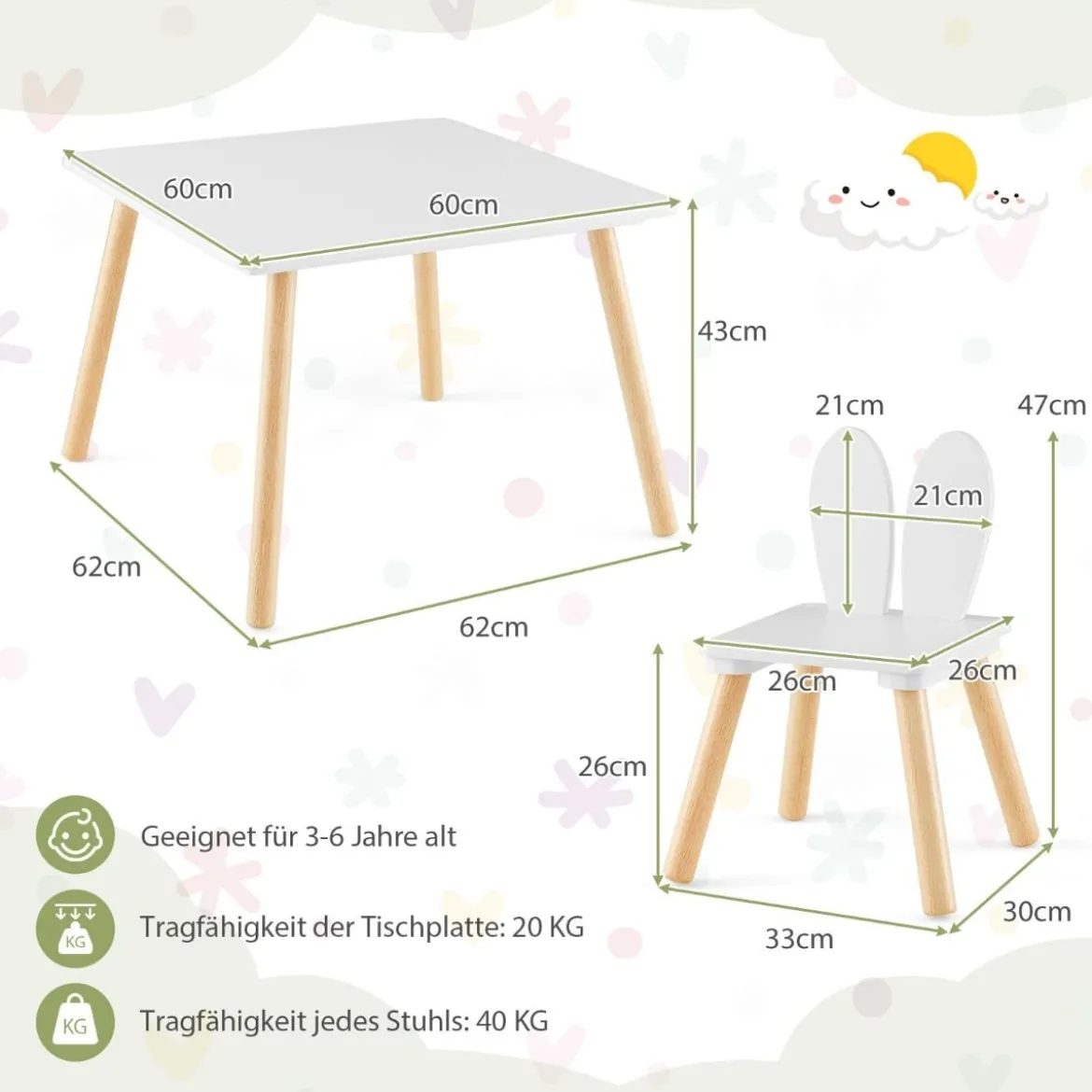 Kindertisch mit 2 Stühlen 3 TLG. Kindersitzgruppe mit Massivholzbeine Weiß/Rosa/Grau