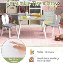Kindertisch mit 2 Stühlen 3 TLG. Kindersitzgruppe mit Massivholzbeine Weiß/Rosa/Grau
