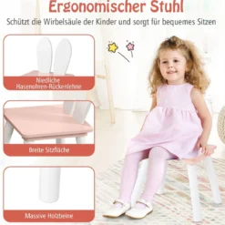 Kindertisch mit 2 Stühlen 3 TLG. Kindersitzgruppe mit Massivholzbeine Weiß/Rosa/Grau