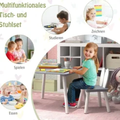 Kindertisch mit 2 Stühlen 3 TLG. Kindersitzgruppe mit Massivholzbeine Weiß/Rosa/Grau