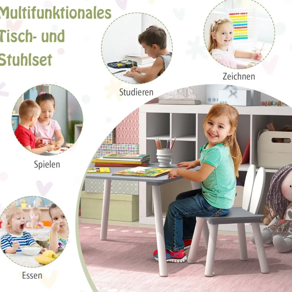 Kindertisch mit 2 Stühlen 3 TLG. Kindersitzgruppe mit Massivholzbeine Weiß/Rosa/Grau