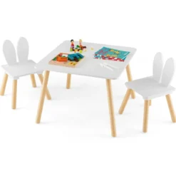 Kindertisch mit 2 Stühlen 3 TLG. Kindersitzgruppe mit Massivholzbeine Weiß/Rosa/Grau