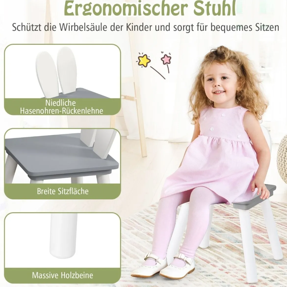 Kindertisch mit 2 Stühlen 3 TLG. Kindersitzgruppe mit Massivholzbeine Weiß/Rosa/Grau