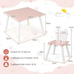 Kindertisch mit 2 Stühlen 3 TLG. Kindersitzgruppe mit Massivholzbeine Weiß/Rosa/Grau