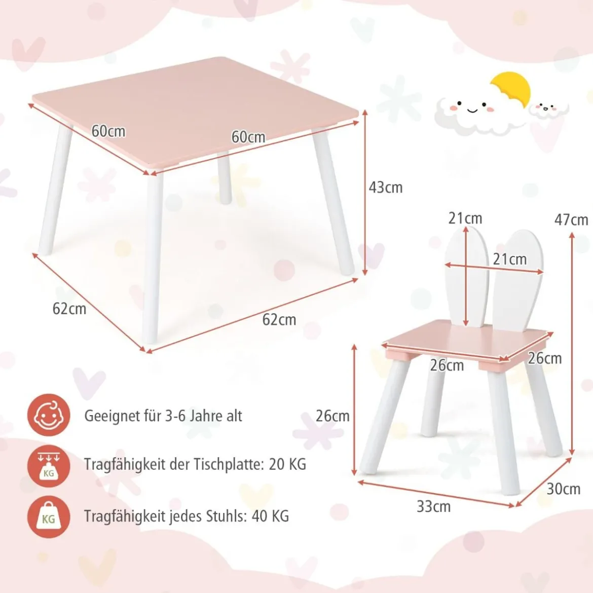 Kindertisch mit 2 Stühlen 3 TLG. Kindersitzgruppe mit Massivholzbeine Weiß/Rosa/Grau
