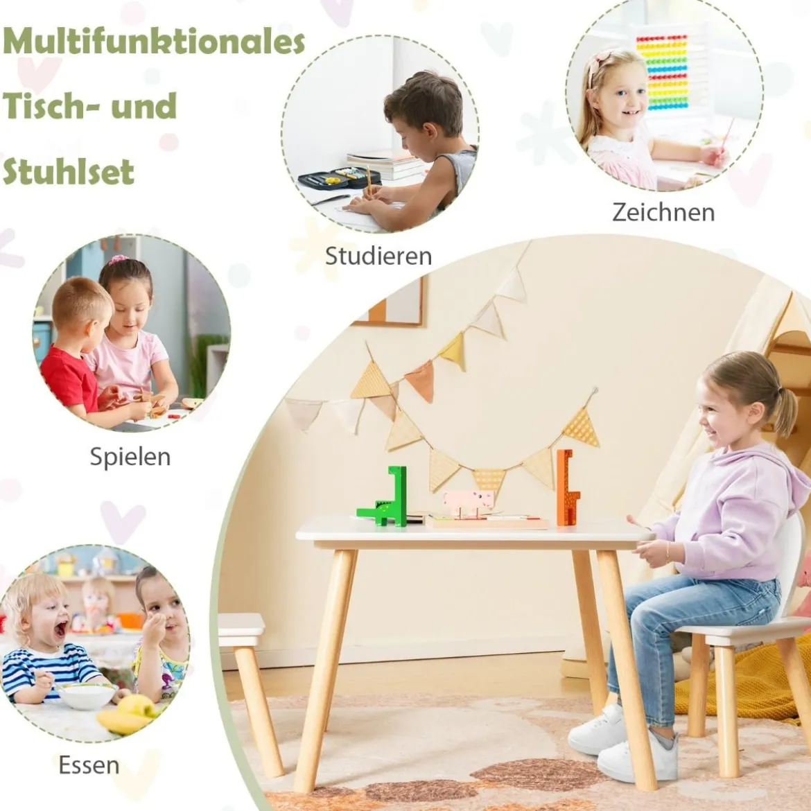 Kindertisch mit 2 Stühlen 3 TLG. Kindersitzgruppe mit Massivholzbeine Weiß/Rosa/Grau