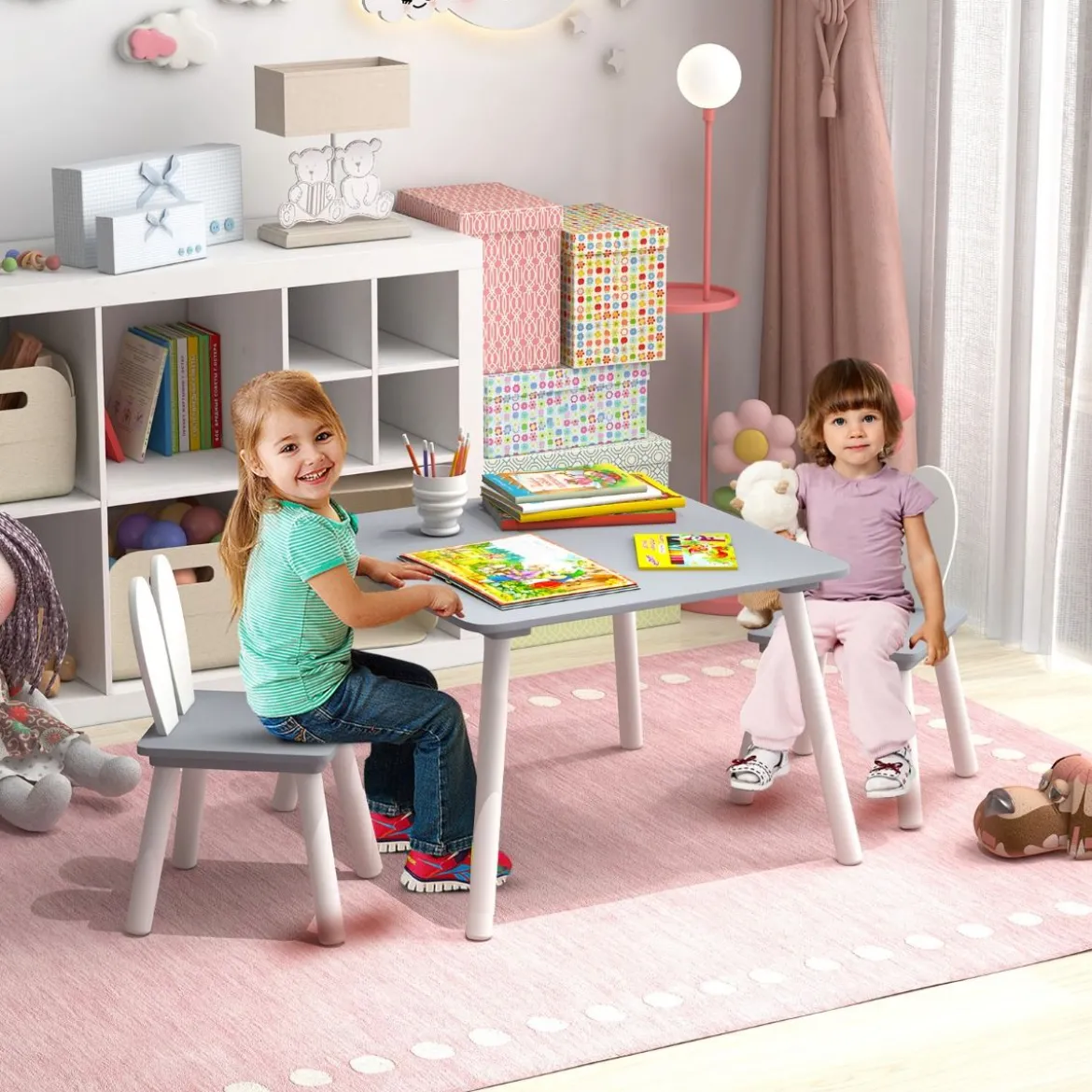 Kindertisch mit 2 Stühlen 3 TLG. Kindersitzgruppe mit Massivholzbeine Weiß/Rosa/Grau