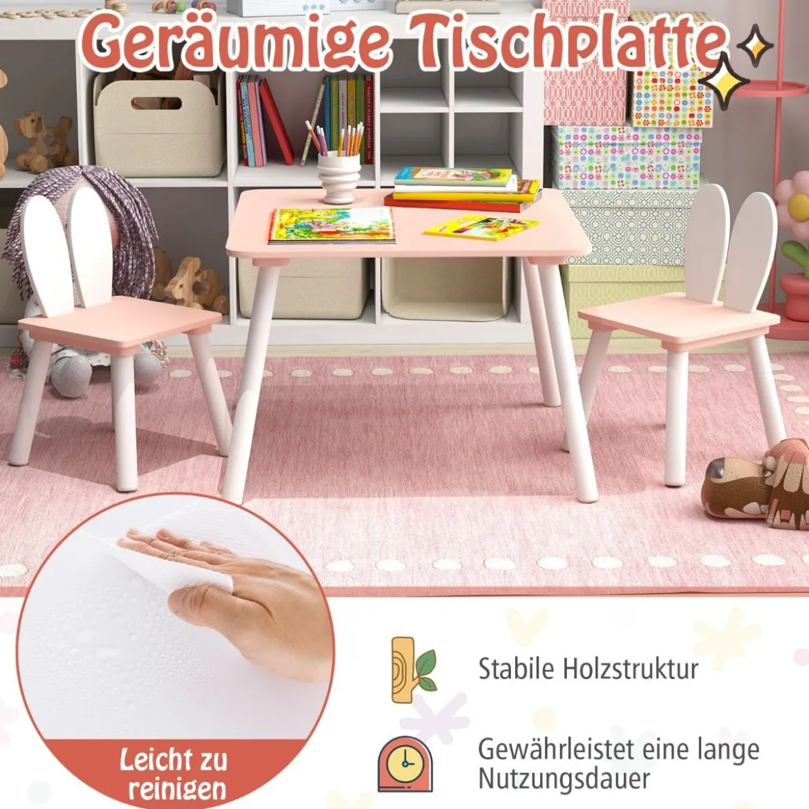 Kindertisch mit 2 Stühlen 3 TLG. Kindersitzgruppe mit Massivholzbeine Weiß/Rosa/Grau