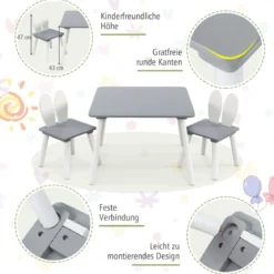 Kindertisch mit 2 Stühlen 3 TLG. Kindersitzgruppe mit Massivholzbeine Weiß/Rosa/Grau