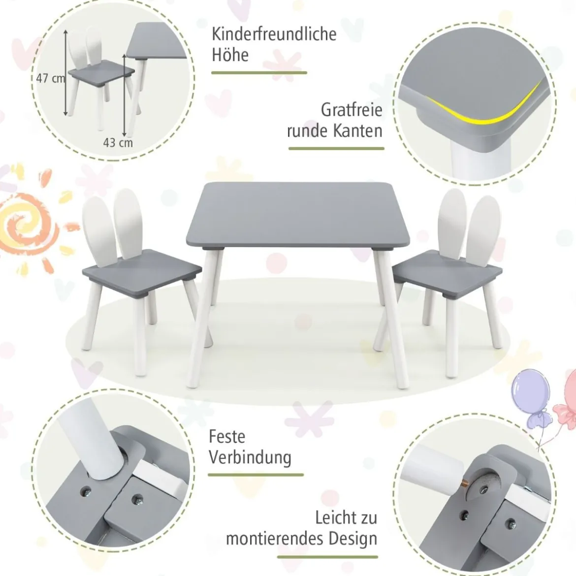 Kindertisch mit 2 Stühlen 3 TLG. Kindersitzgruppe mit Massivholzbeine Weiß/Rosa/Grau