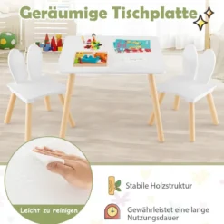 Kindertisch mit 2 Stühlen 3 TLG. Kindersitzgruppe mit Massivholzbeine Weiß/Rosa/Grau