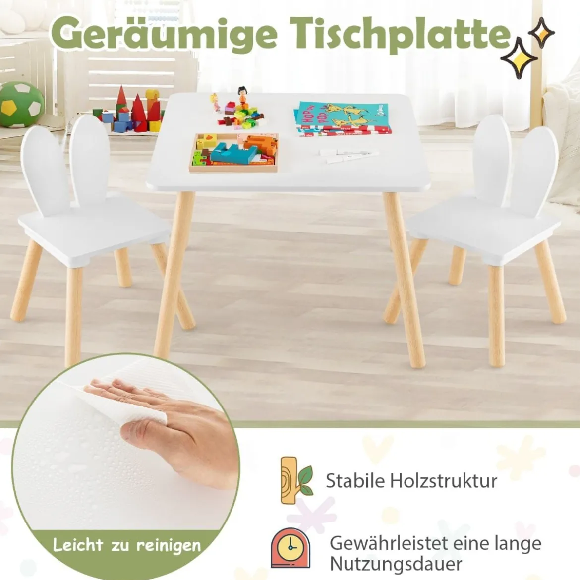 Kindertisch mit 2 Stühlen 3 TLG. Kindersitzgruppe mit Massivholzbeine Weiß/Rosa/Grau