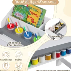 Kindertisch mit Stuhl Aktivitätstisch für Kinder mit Papierrolle Holz Maltisch mit 2 Schubladen Grau