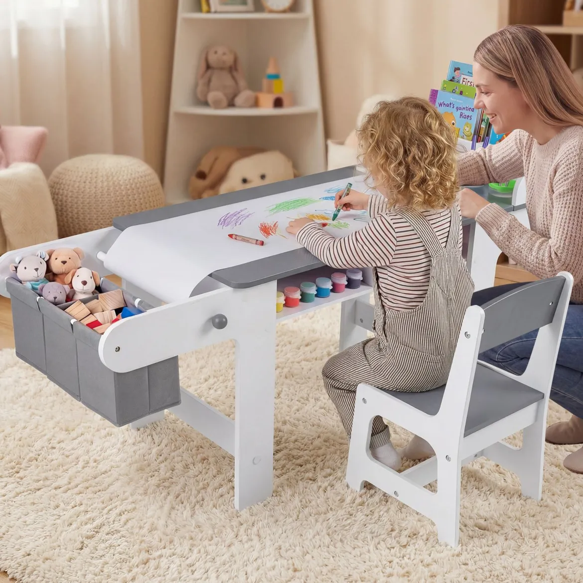 Kindertisch mit Stuhl Aktivitätstisch für Kinder mit Papierrolle Holz Maltisch mit 2 Schubladen Grau