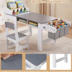Kindertisch mit Stuhl Aktivitätstisch für Kinder mit Papierrolle Holz Maltisch mit 2 Schubladen Grau