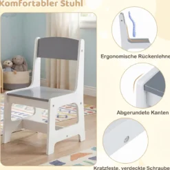 Kindertisch mit Stuhl Aktivitätstisch für Kinder mit Papierrolle Holz Maltisch mit 2 Schubladen Grau