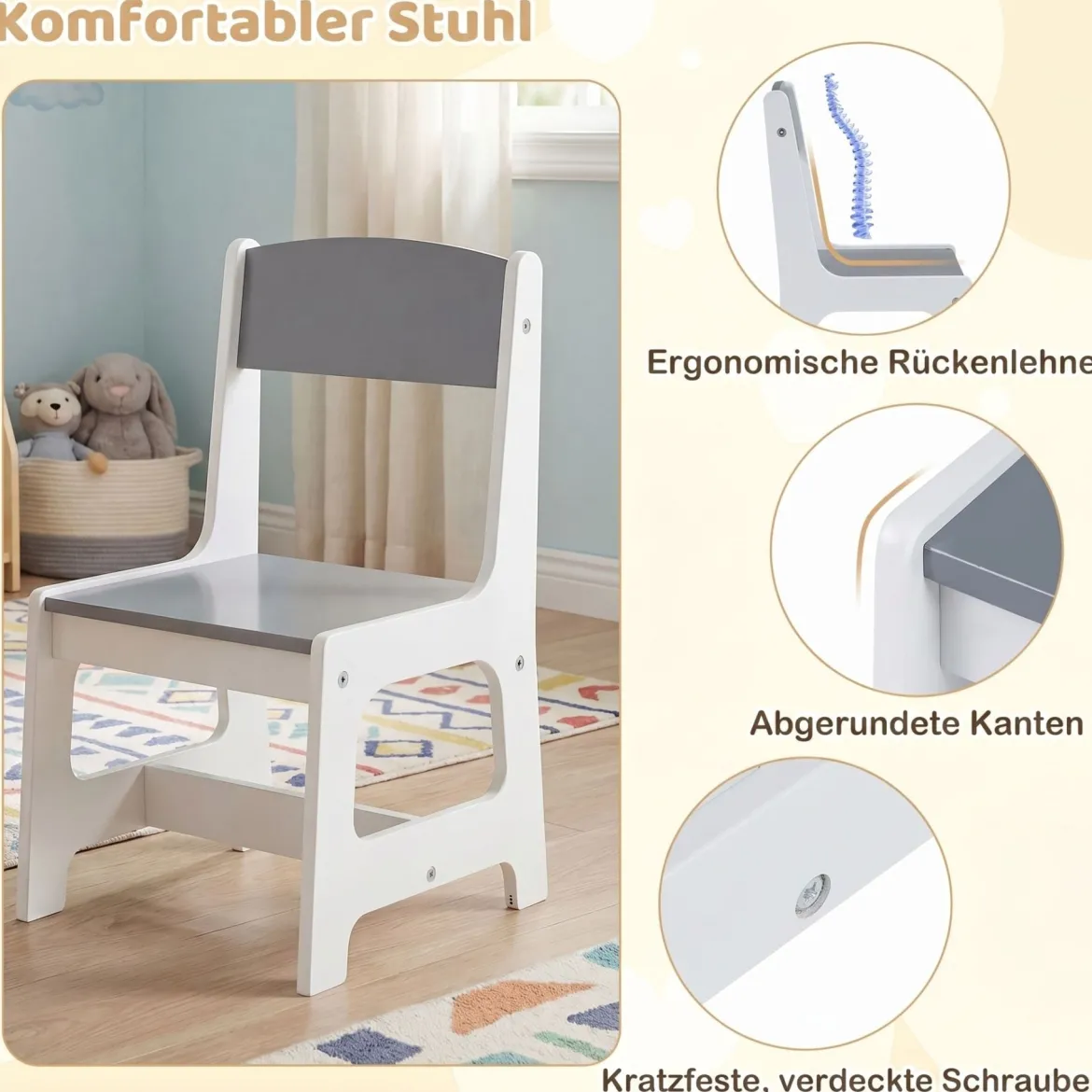 Kindertisch mit Stuhl Aktivitätstisch für Kinder mit Papierrolle Holz Maltisch mit 2 Schubladen Grau