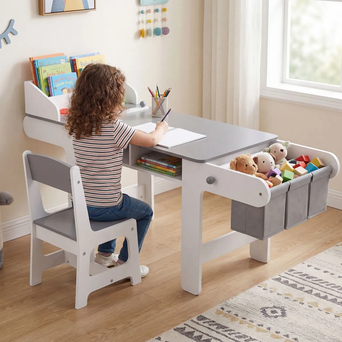 Kindertisch mit Stuhl Aktivitätstisch für Kinder mit Papierrolle Holz Maltisch mit 2 Schubladen Grau