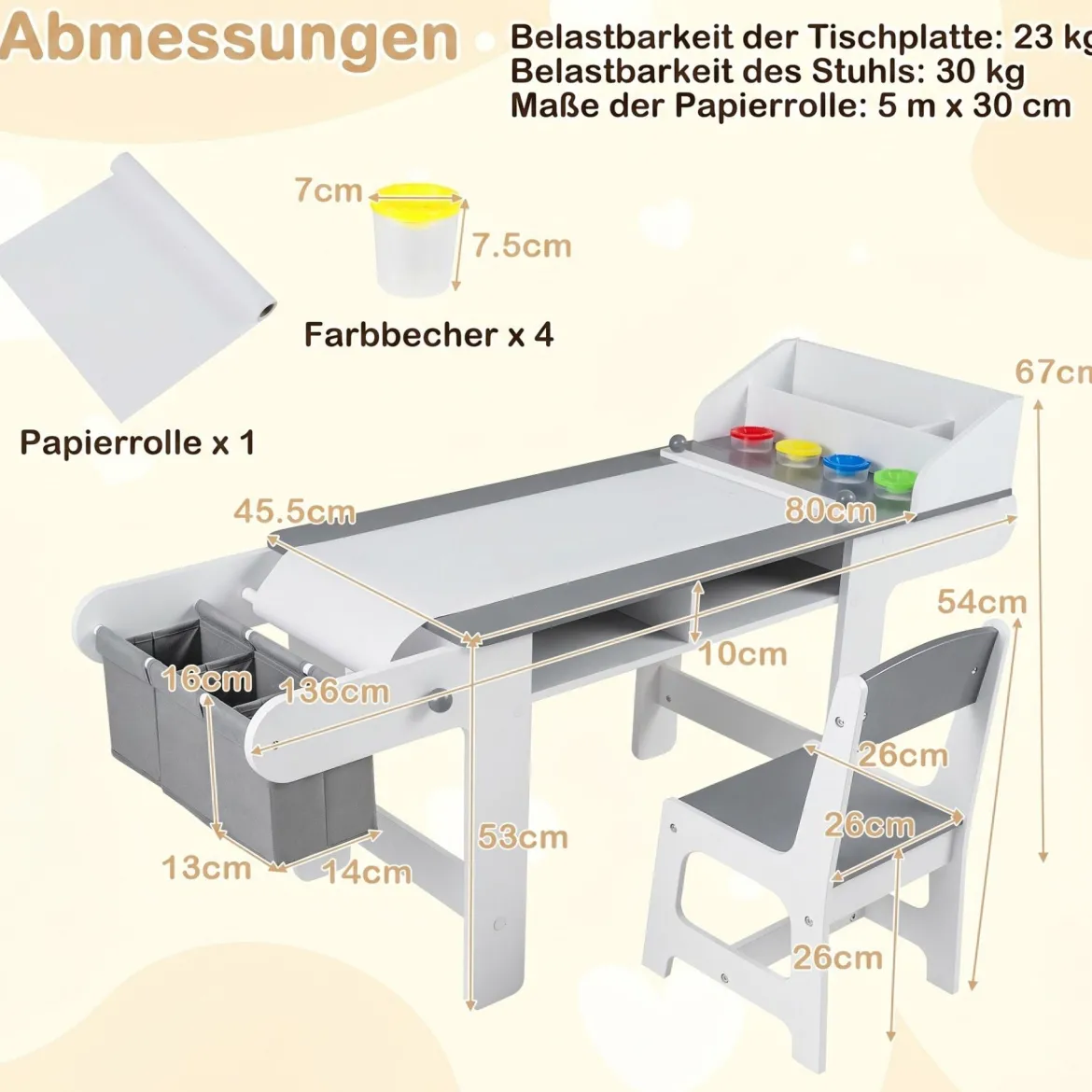 Kindertisch mit Stuhl Aktivitätstisch für Kinder mit Papierrolle Holz Maltisch mit 2 Schubladen Grau