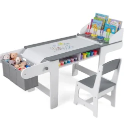 Kindertisch mit Stuhl Aktivitätstisch für Kinder mit Papierrolle Holz Maltisch mit 2 Schubladen Grau