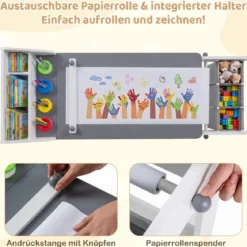 Kindertisch mit Stuhl Aktivitätstisch für Kinder mit Papierrolle Holz Maltisch mit 2 Schubladen Grau