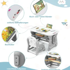 Kindertisch mit Stuhl Höhenverstellbare Kindersitzgruppe mit Neigbarem Whiteboard Grau