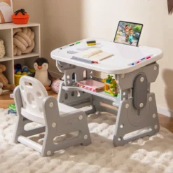 Kindertisch mit Stuhl Höhenverstellbare Kindersitzgruppe mit Neigbarem Whiteboard Grau
