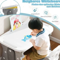 Kindertisch mit Stuhl Höhenverstellbare Kindersitzgruppe mit Neigbarem Whiteboard Grau