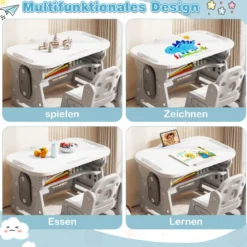 Kindertisch mit Stuhl Höhenverstellbare Kindersitzgruppe mit Neigbarem Whiteboard Grau