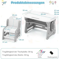 Kindertisch mit Stuhl Höhenverstellbare Kindersitzgruppe mit Neigbarem Whiteboard Grau